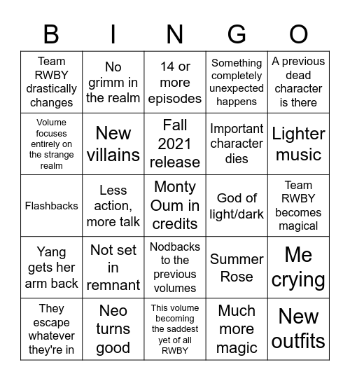 Rwby Volume 9 predictions Bingo Card