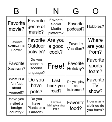 *Get to know you Bingo* Bingo Card