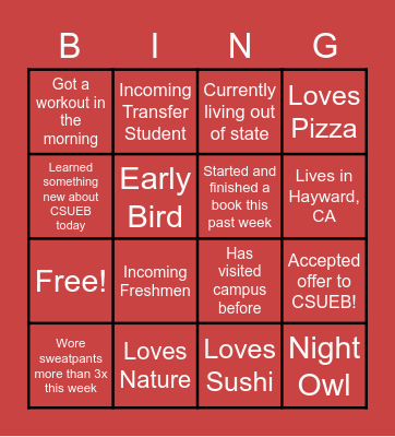 CSUEB Welcome Day Bingo Card