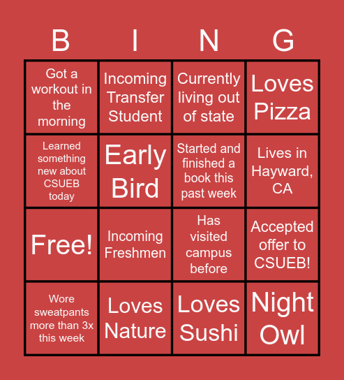 CSUEB Welcome Day Bingo Card