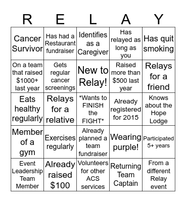 Relay For Life BINGO! Bingo Card