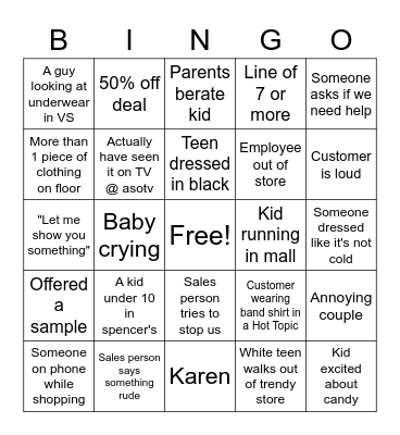 Mall Bingo Card