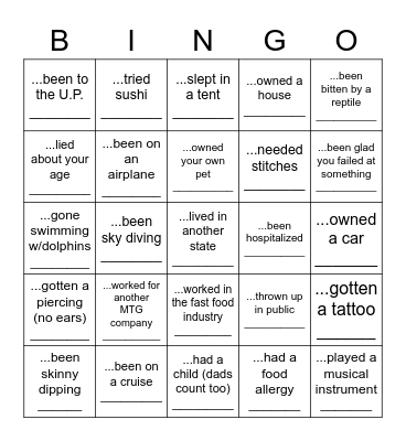 "Have you ever..." Bingo Card