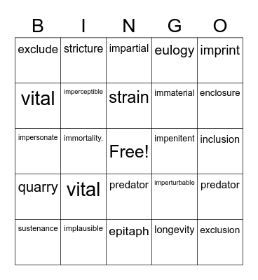 Vocabulary Bingo Card