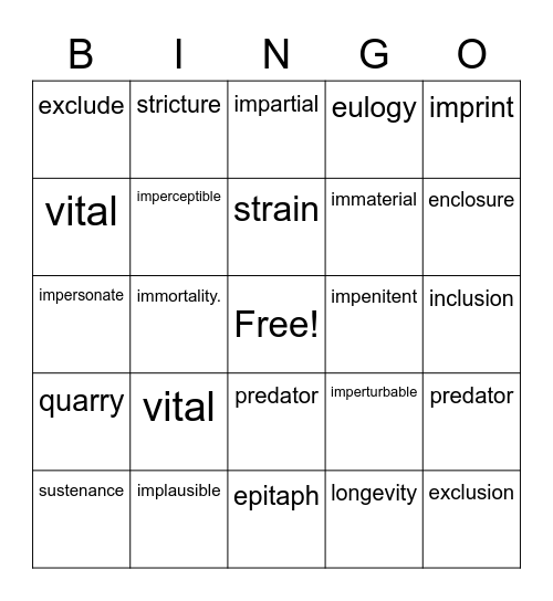 Vocabulary Bingo Card