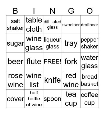 Bar Glossary Bingo Card