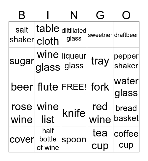 Bar Glossary Bingo Card