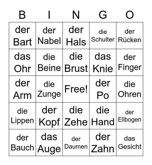 Körperteile Bingo Card