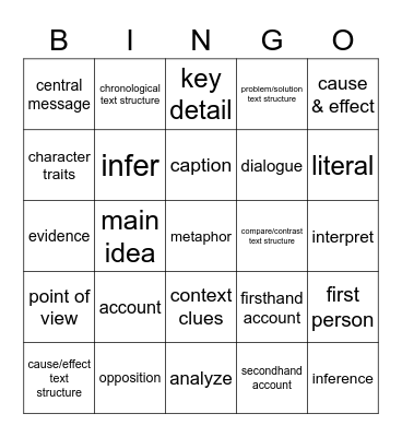 Reading Vocabulary Bingo Card