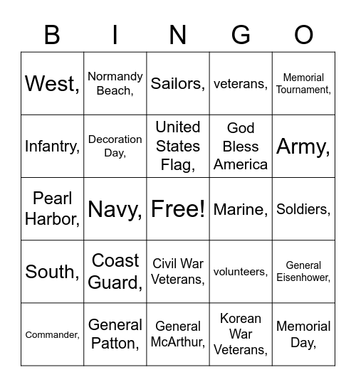 Veterans Bingo Card