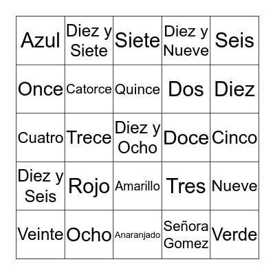 Señora Gomez - Números y Colores Bingo Card