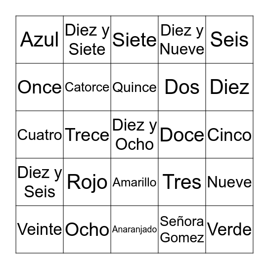 Señora Gomez - Números y Colores Bingo Card