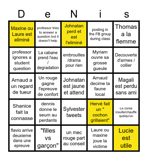 Koh lanta bingo Card