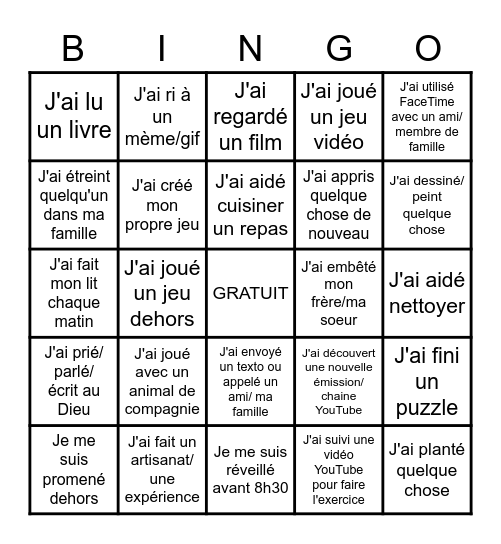 Semaine de relâche Bingo Card