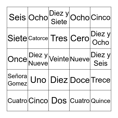 Números 0 - 20 Señora Gomez Bingo Card