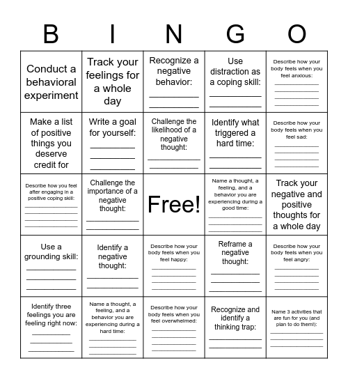 CBT Skills BINGO! Bingo Card