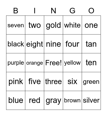 Intervention: Numbers and Colors Bingo Card
