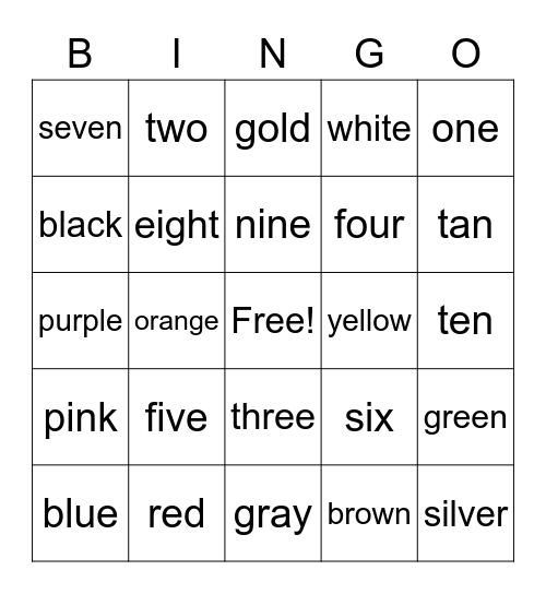 Intervention: Numbers and Colors Bingo Card