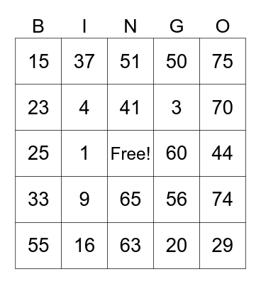 Number Bingo 1-75 Bingo Card