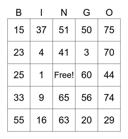 Number Bingo 1-75 Bingo Card