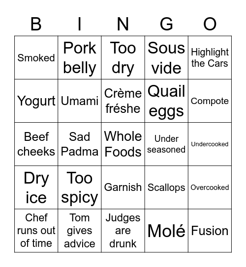 Top Chef Bingo Card