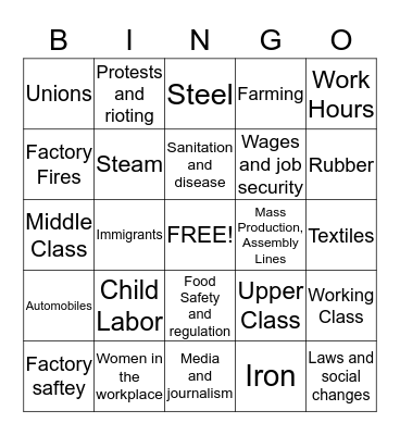 Industrial Revolution Bingo Card