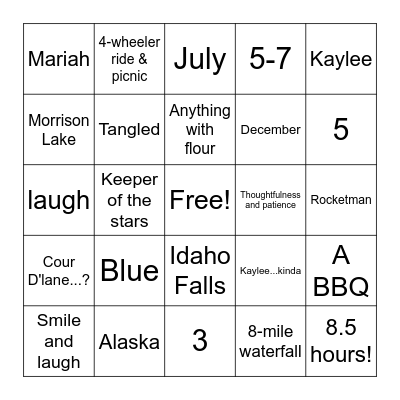Kaylee & DJ Bingo Card