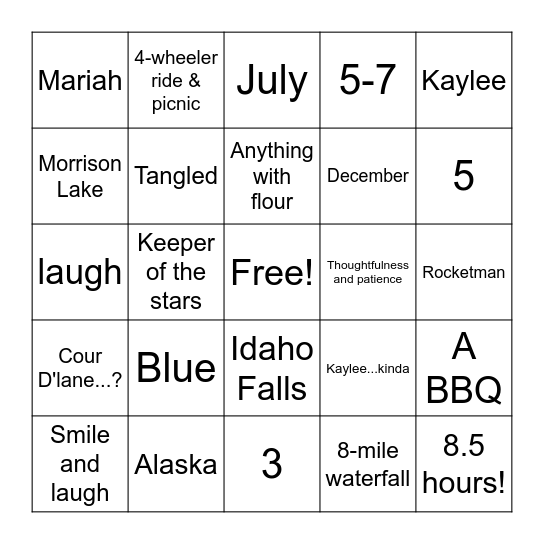 Kaylee & DJ Bingo Card