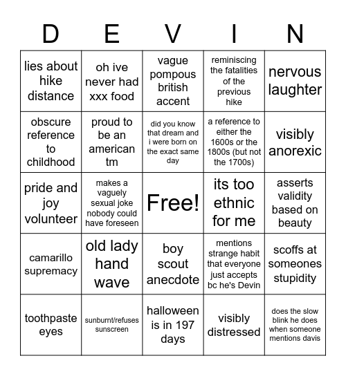 devin devin devin Bingo Card