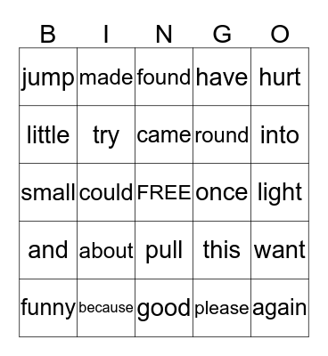 Sight Word Bingo Card