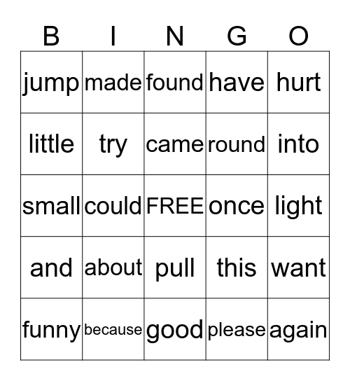 Sight Word Bingo Card