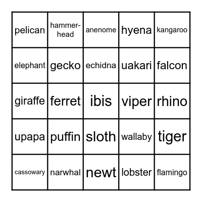 Animal Bingo! Bingo Card