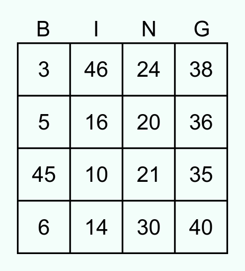 NUMBER BINGO 1 - 49 Bingo Card