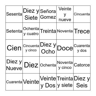 Señora Gomez - 10's + up to 100 Bingo Card