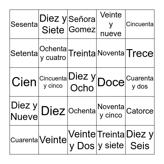 Señora Gomez - 10's + up to 100 Bingo Card