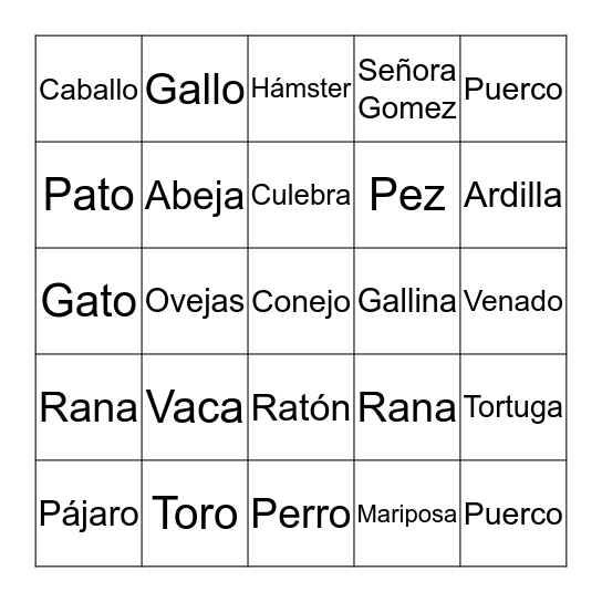 Animals Señora Gomez Bingo Card