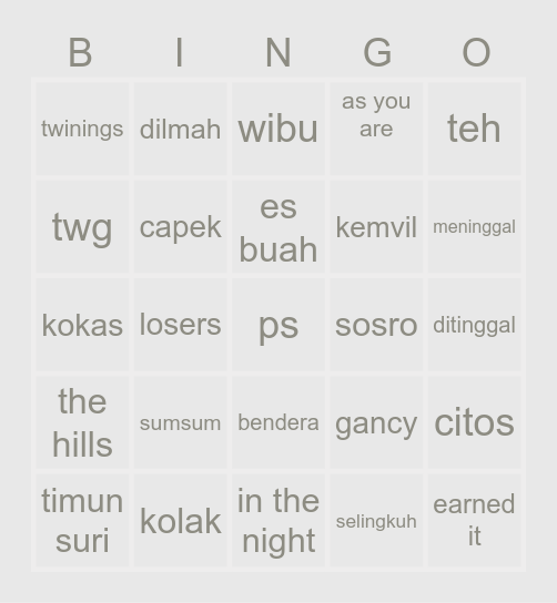 k Bingo Card