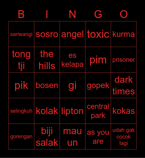 Jane’s Bingo Card