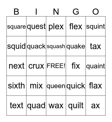 QU and X words Bingo Card
