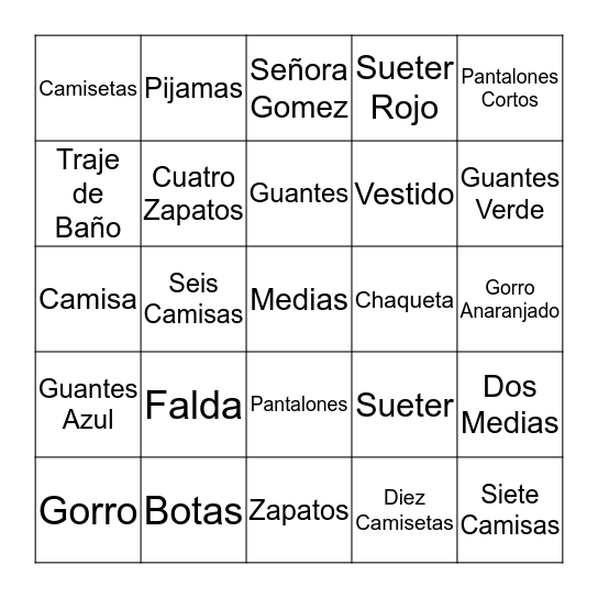 Señora Gomez Ropa Bingo Card