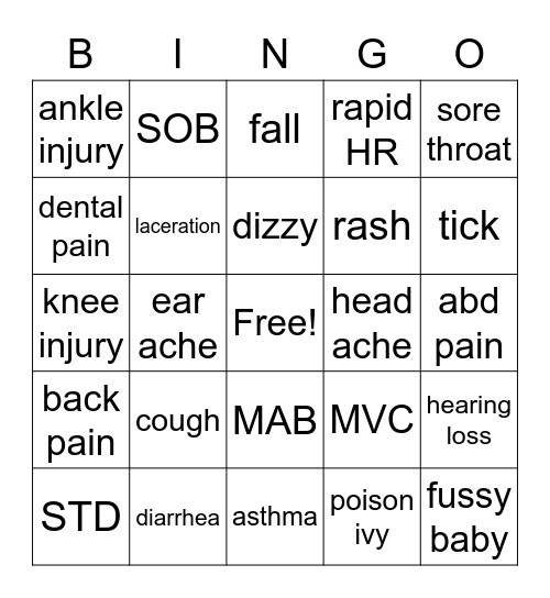 Urgent Care Bingo Card