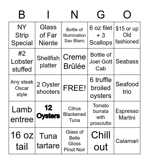 Kyle G's Prime Seafood & Steaks Bingo Card