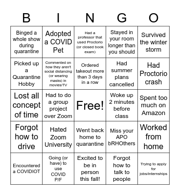Zoom University Bingo Card