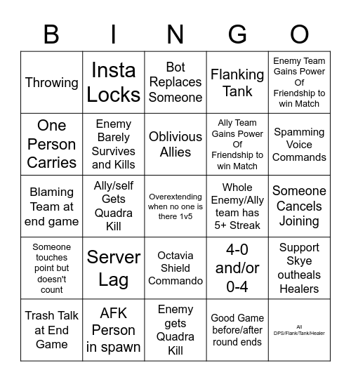 Casual Paladins Bingo Card