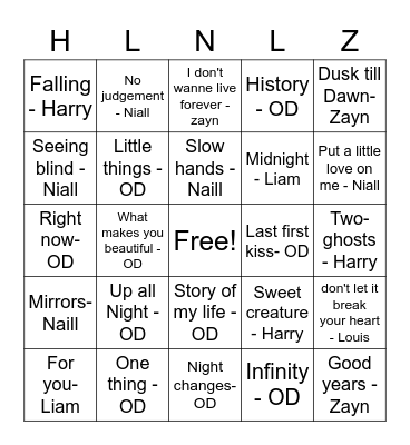 One Direction Bingo Card