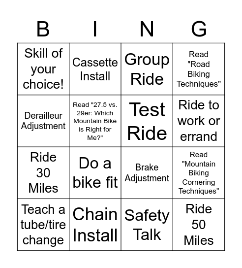 Bicycle Bingo -- Advanced Bingo Card