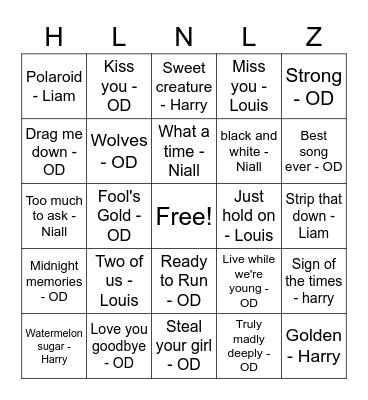 One direction Bingo Card
