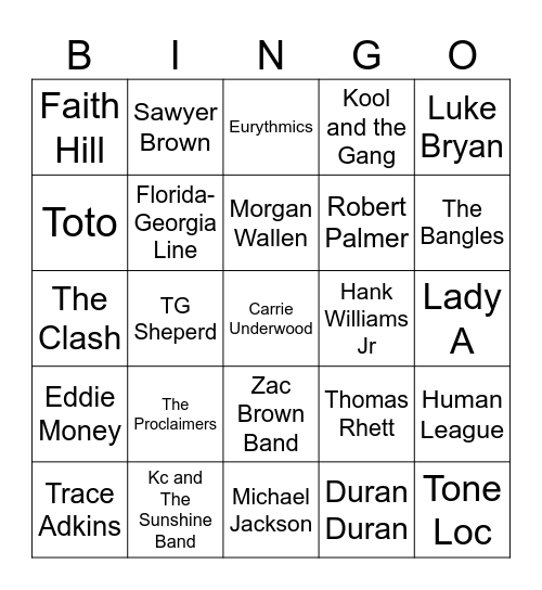 Country Pop 80s MIx Bingo Card
