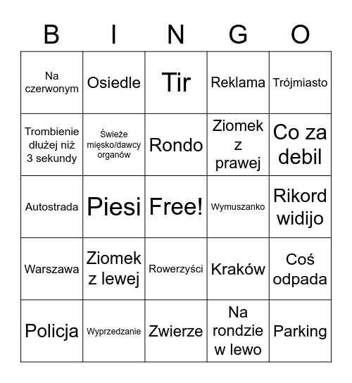 Bingo drogowe Bingo Card