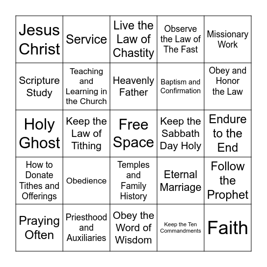 Commandments Bingo Card